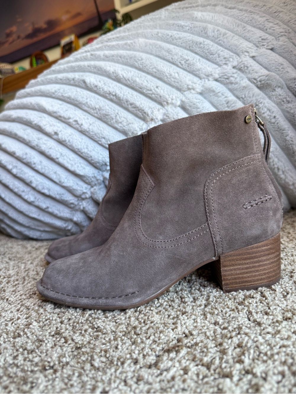 UGG Taupe Suede Ankle Booties with Stacked Heel